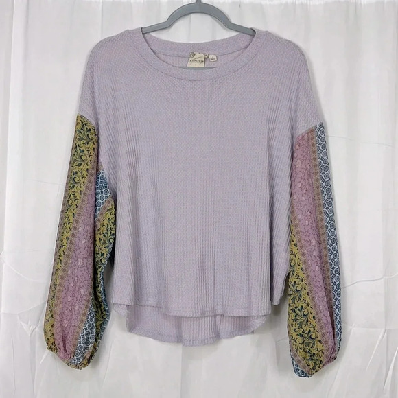 Blu Pepper Waffle Knit Long balloon Print Sleeve Top Size Large - Picture 1 of 5